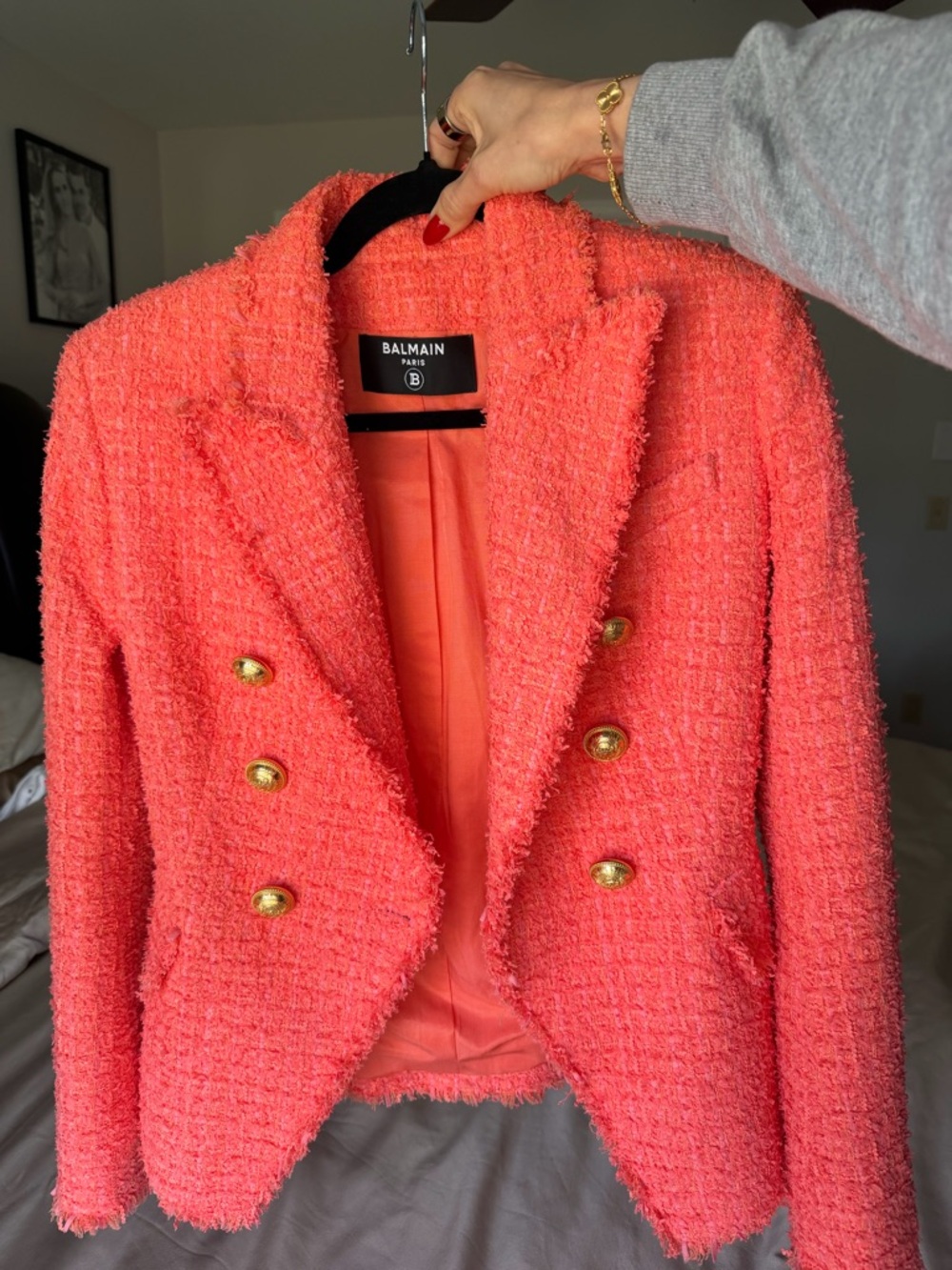 Balmain Coral Bouclé Double-Breasted Blazer with Gold Buttons